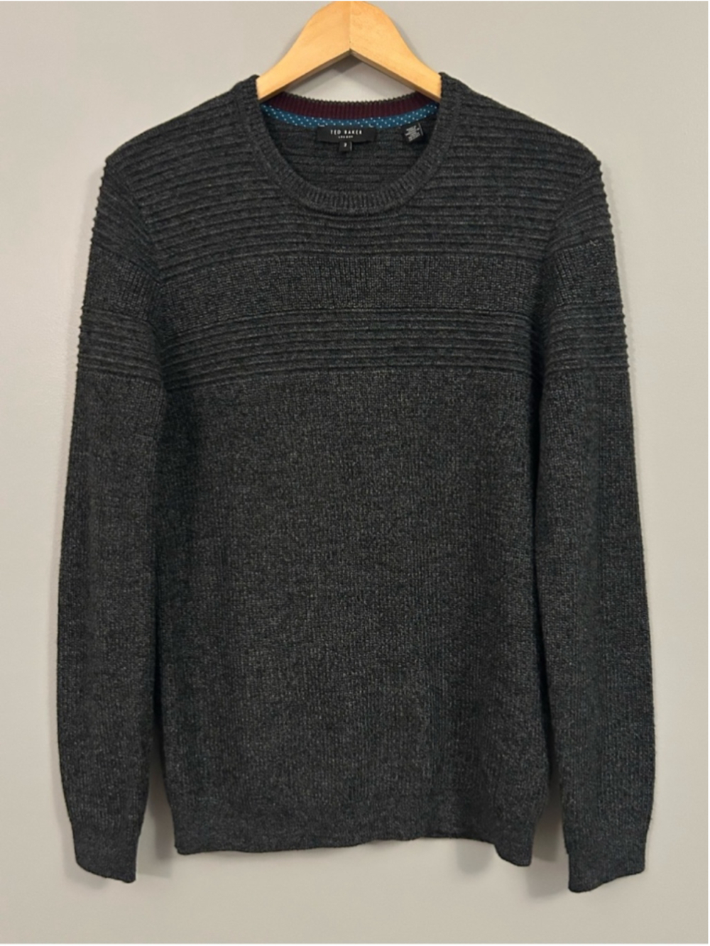 Ted Baker Men's Charcoal Ribbed Crewneck Sweater Small